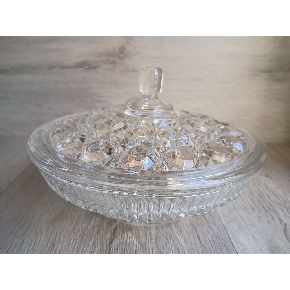 Vintage Candy Dish Indiana Glass Clear Federal Windsor 7.25" Pressed with Lid
